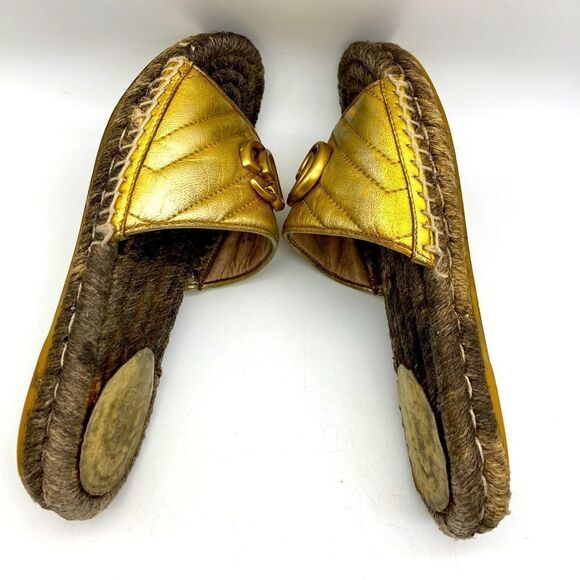 Authentic Gucci Quilted Leather Espadrille Sandals Size 35,5 Gold Color - Picture 7 of 13